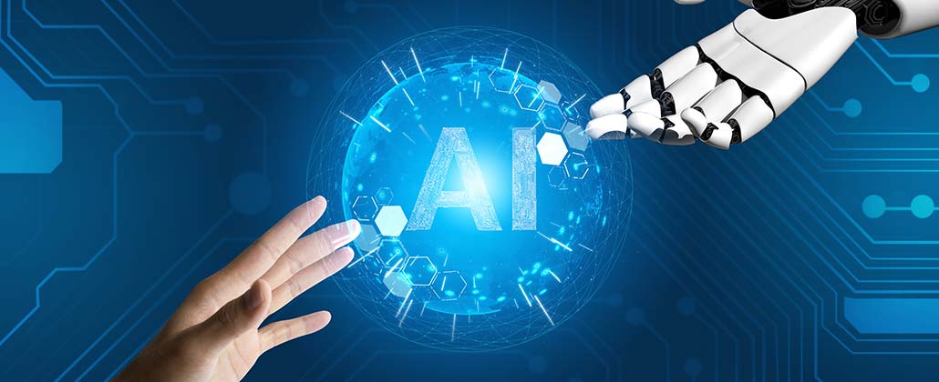 Conceito de inteligência artificial com uma mão humana e outra de robô